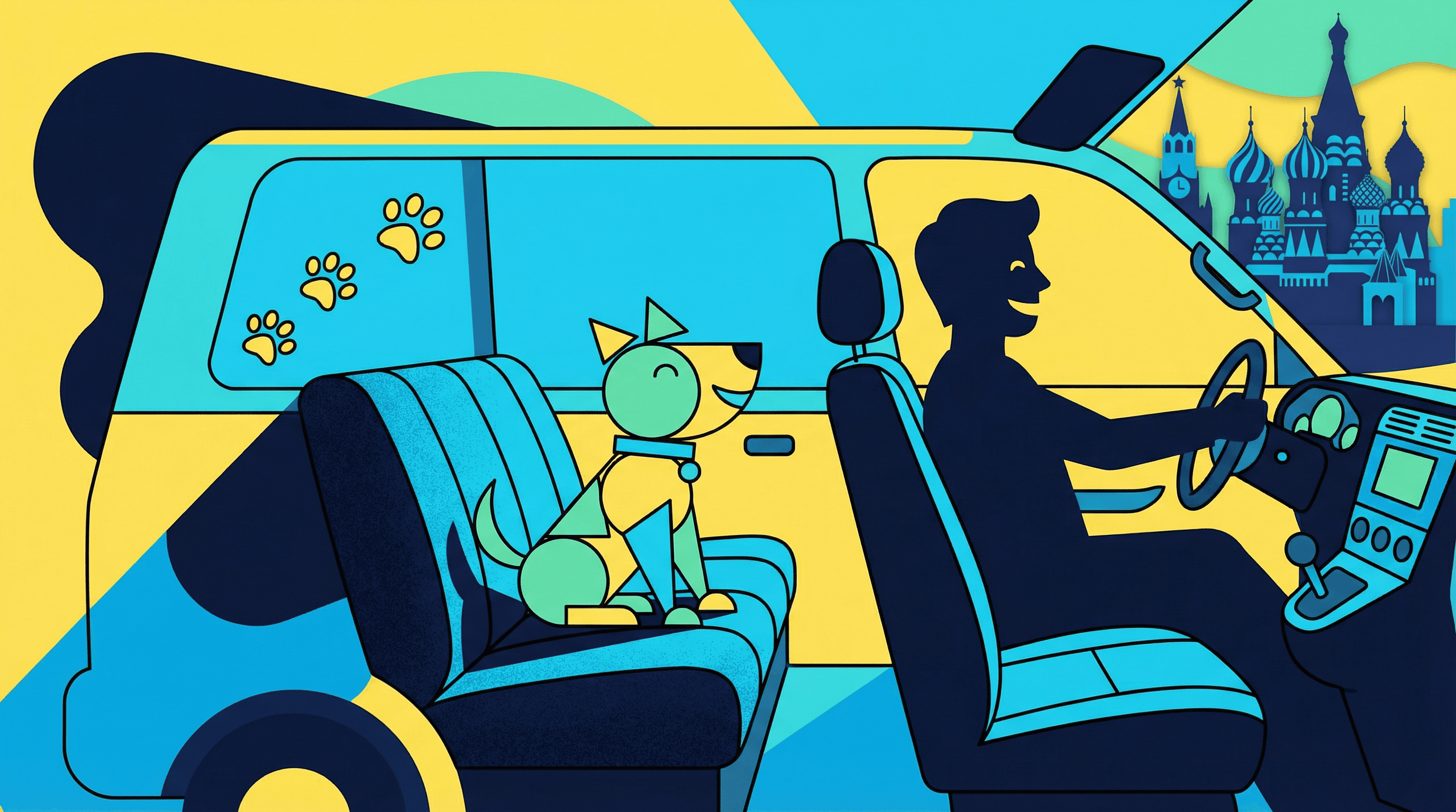 Иллюстрация: питомец и хозяин в микроавтобусе Zoovoz, постерный стиль
