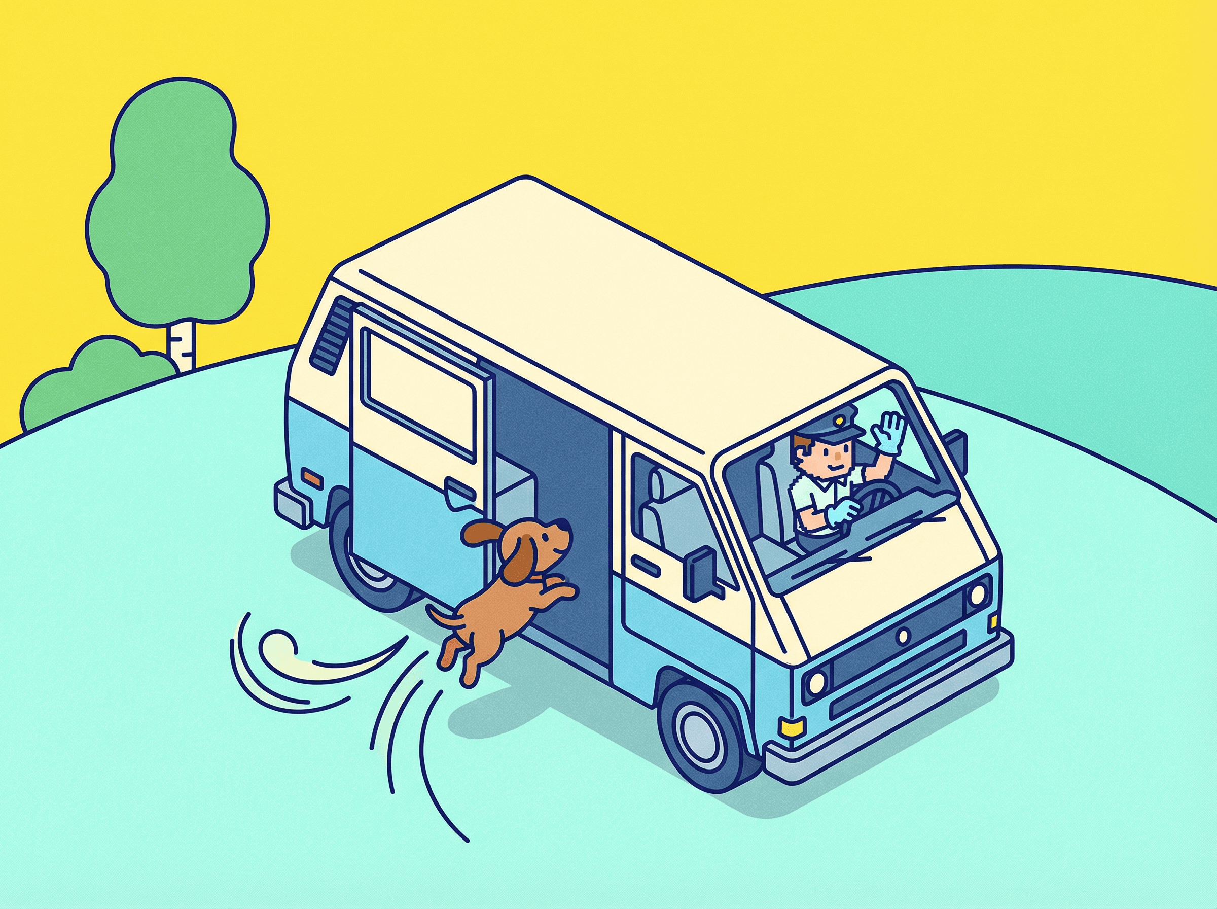 Иллюстрация: минивэн на дороге, собака смотрит в окно